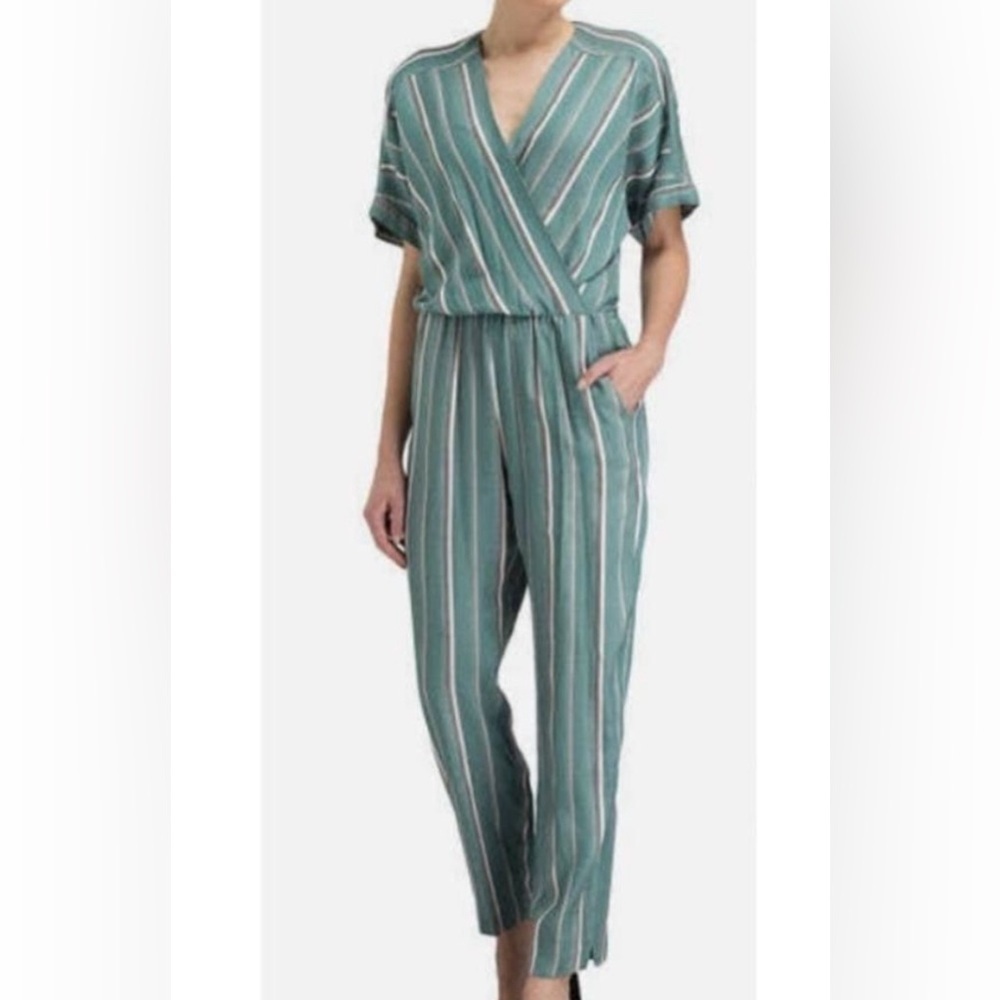 Maje Pandora Woven Stripe Twill Jacquard Jumpsuit Sz 34 / XS / 2 Aqua teal ASO